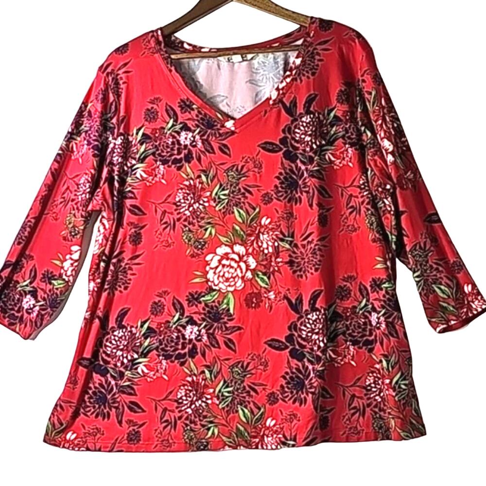 Women Sz XXL Red Dark Floral V-neck Whimsigoth Grunge Pioneer Woman Top